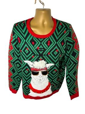 Jolly Sweaters Ugly Christmas Sweater Cool Llama Sunglasses Bells Green Red L